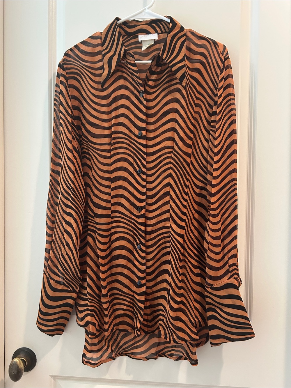 Gottex Vintage 80’s Wavy Stripe Sheer Button Down Long Blouse Long Sleeve M